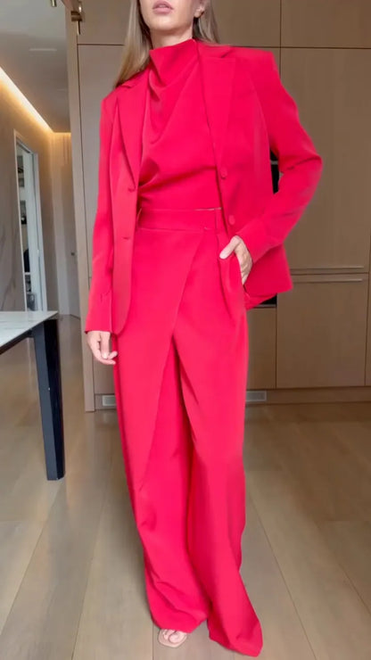 Tailored Blazer Draped Top & Wrap-Panel Pants Set