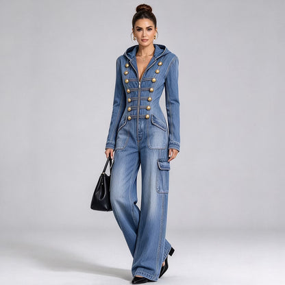 Blue Military-Button Hooded Cargo Denim Jumpsuit