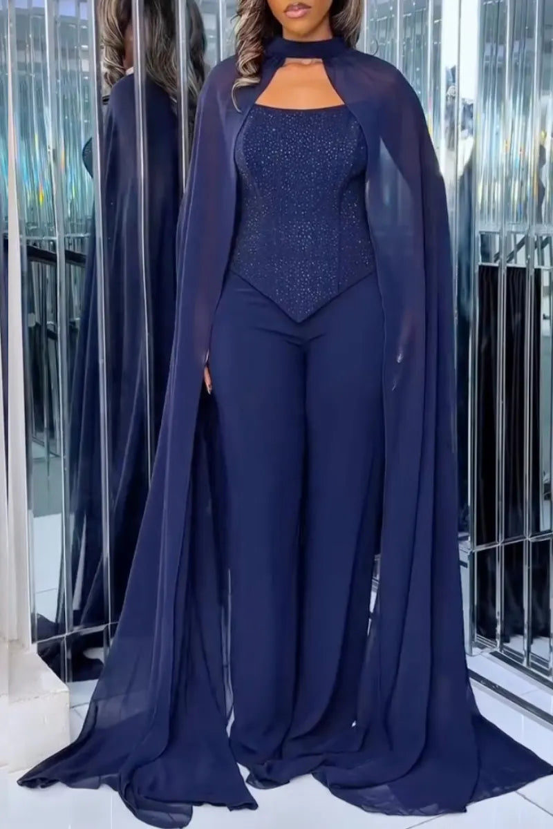 Navy Sparkle Point-Hem Top Pants and Long Cape Set