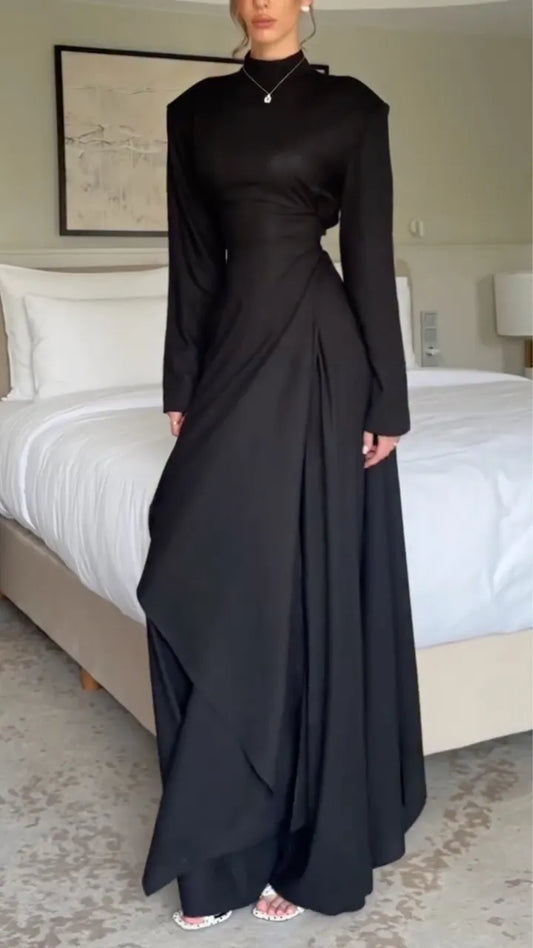 Black Mock-Neck Draped-Waist Maxi Dress