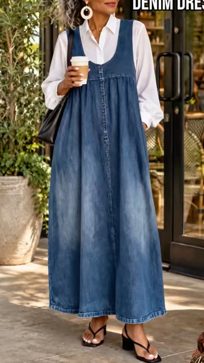 Blue Scoop-Neck Denim Pinafore Maxi Dress