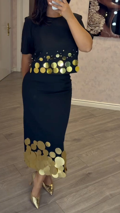 Black Gold-Disc Top and Midi Skirt Set
