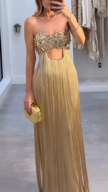 Gold Strapless Cutout Fringe Dress