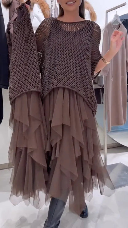 Brown Open-Knit Top & Layered Asymmetric Dress Set