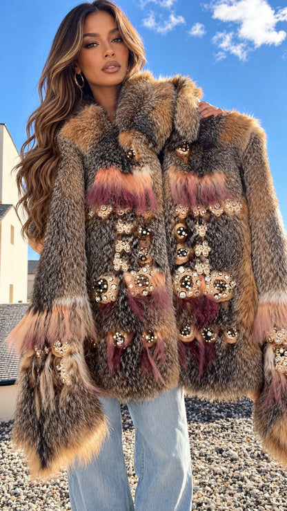 Leopard-Pattern Plush-Trim Textured Jacket