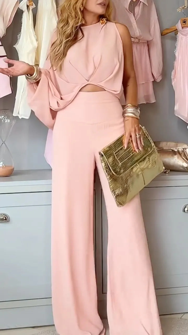 Blush Draped Asymmetric Top & Wide-Leg Pants Set