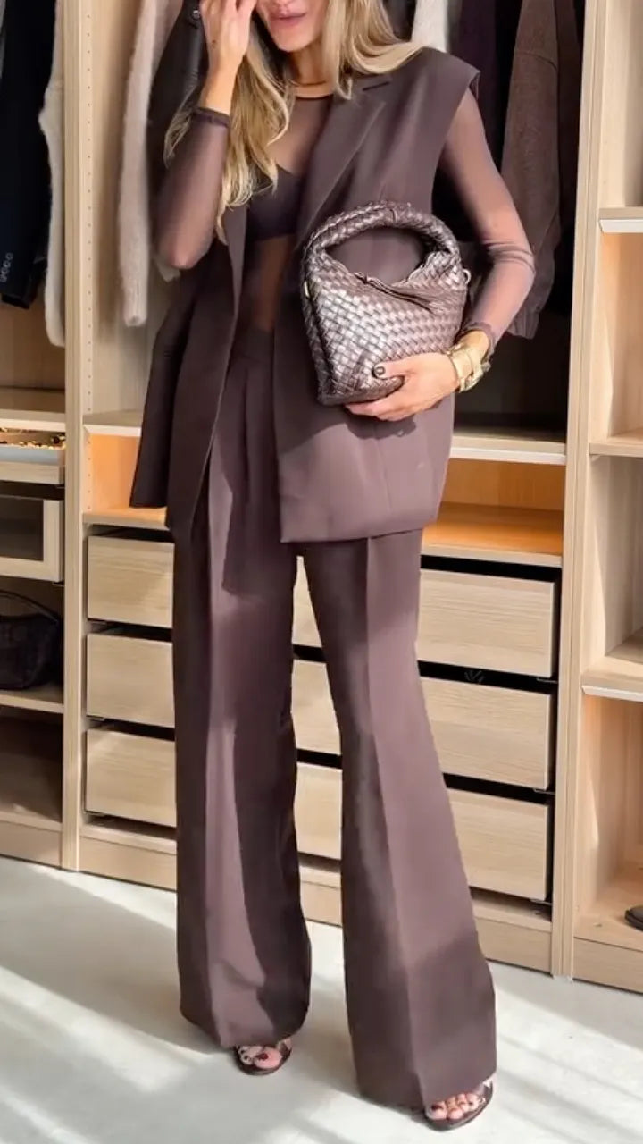 Taupe Tailored Vest Sheer Top & Wide-Leg Pants Set