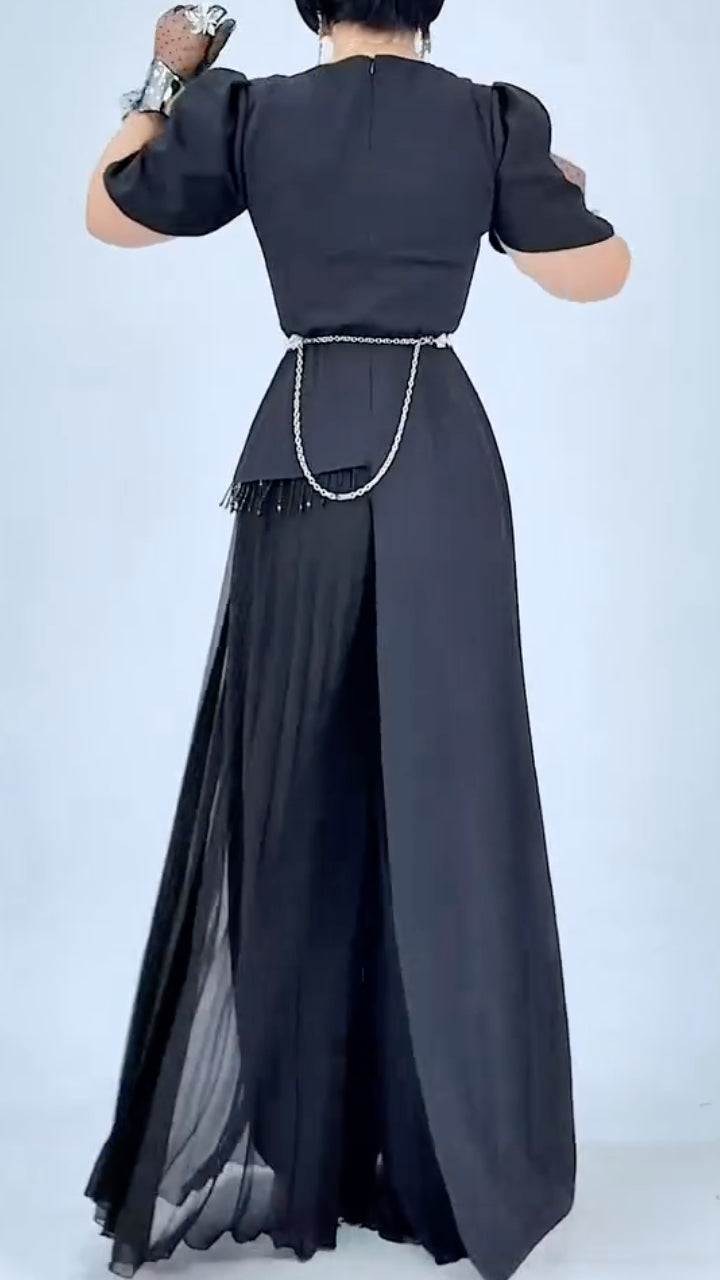 Black Asymmetric Button Tunic and Flowing Wide-Leg Pants Set