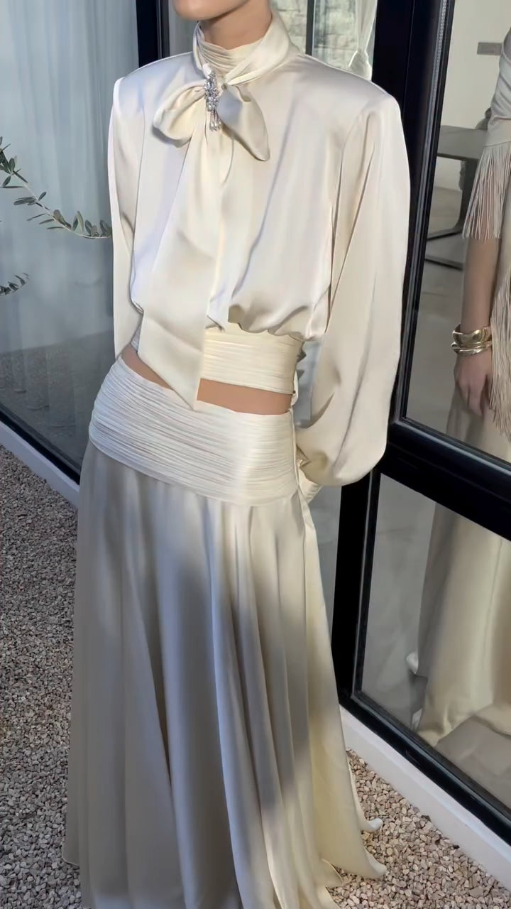 Satin Tie-Neck Blouse & Flowing Maxi Skirt Set