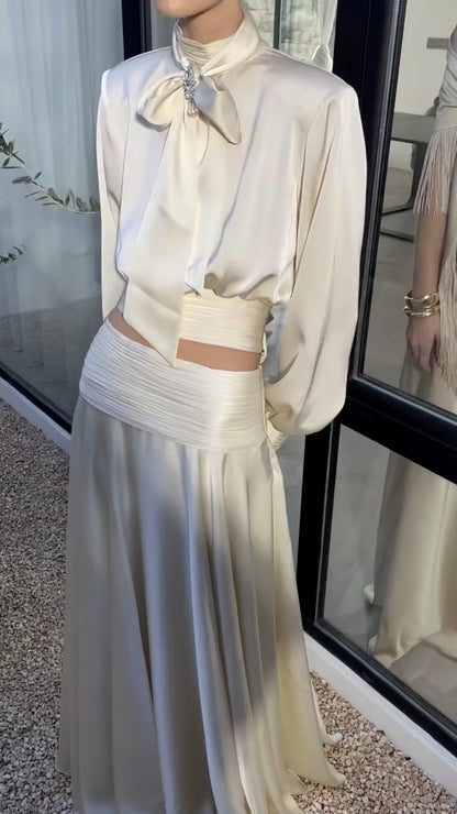 Satin Tie-Neck Blouse & Flowing Maxi Skirt Set