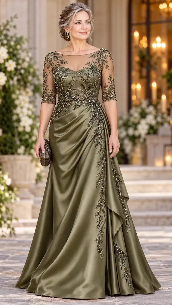 Olive Botanical-Embellished Draped Evening Gown