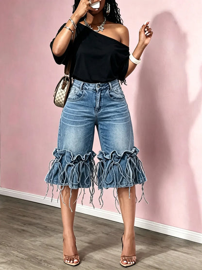 Blue Ruffle-and-Tie Hem Denim Bermuda Shorts