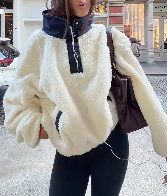 Ivory Contrast-Collar Teddy Fleece Pullover