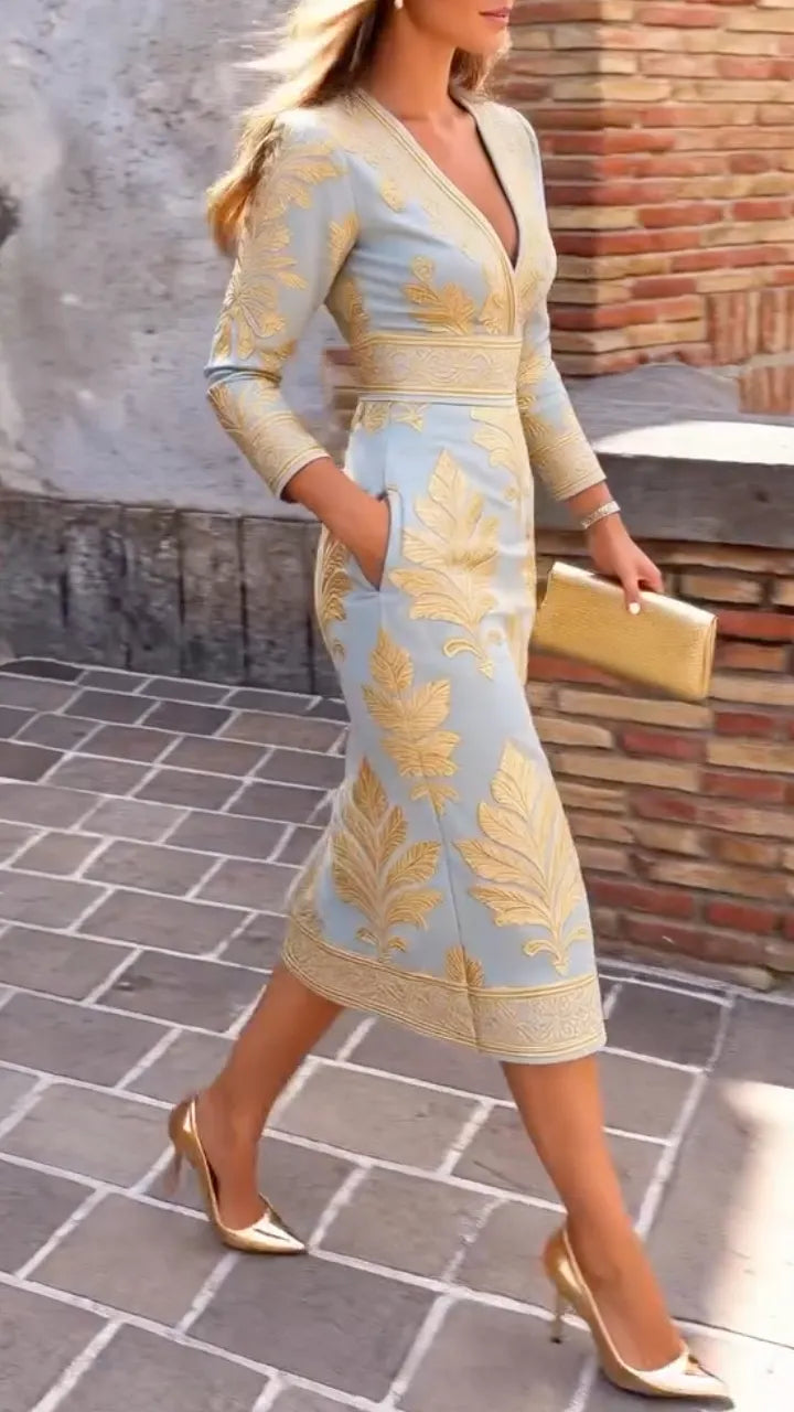 Pale Blue Gold-Leaf Wrap-Neck Midi Dress