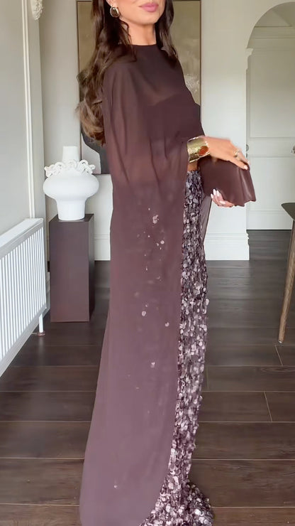 Chocolate Sheer Cape Top and Sequin Maxi Skirt Set