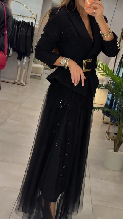 Black Tailored Peplum Jacket and Sparkle Tulle Skirt Set