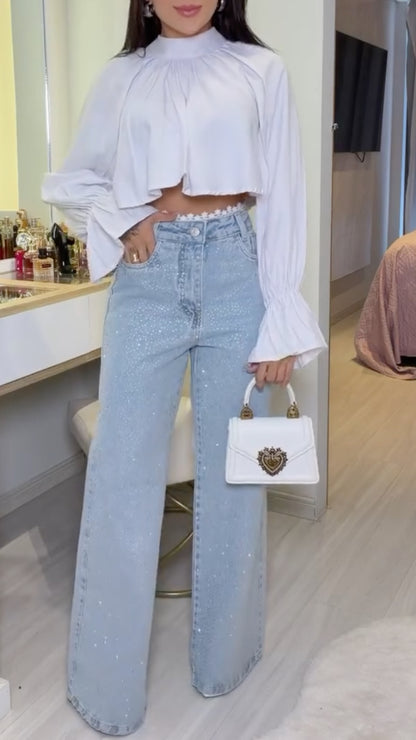 Ruffle Crop Blouse & Crystal Wide-Leg Jeans Set