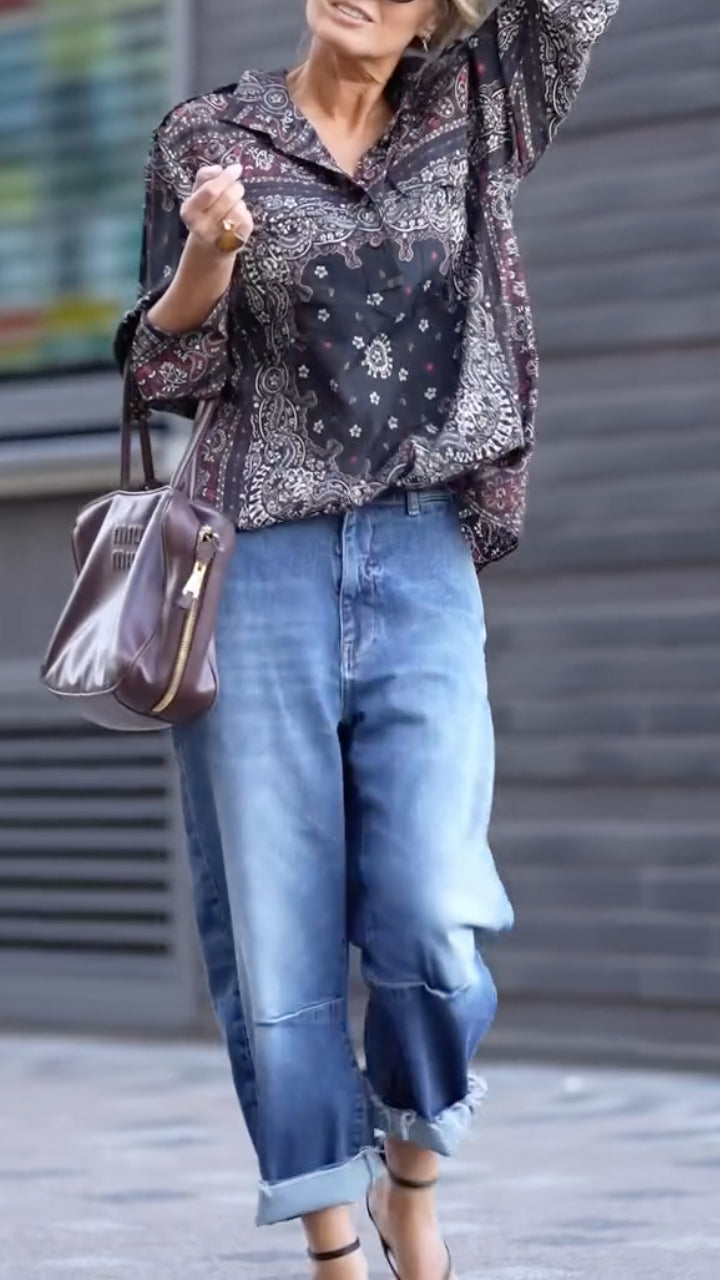 Black Paisley-Border Relaxed Button Shirt