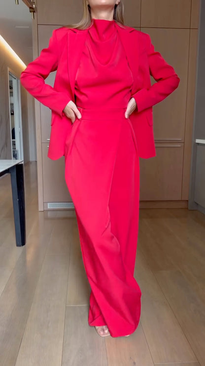Tailored Blazer Draped Top & Wrap-Panel Pants Set
