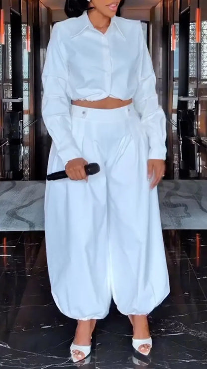 White Cropped Shirt and Balloon Pants Set