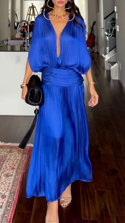 Royal-Blue Plunge-Neck Ruched-Waist Maxi Dress