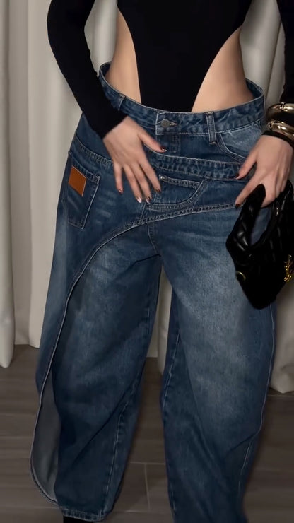 Blue Double-Waist Asymmetric-Panel Barrel Jeans
