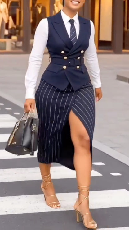 Navy Double-Breasted Vest and Pinstripe Slit Skirt Set