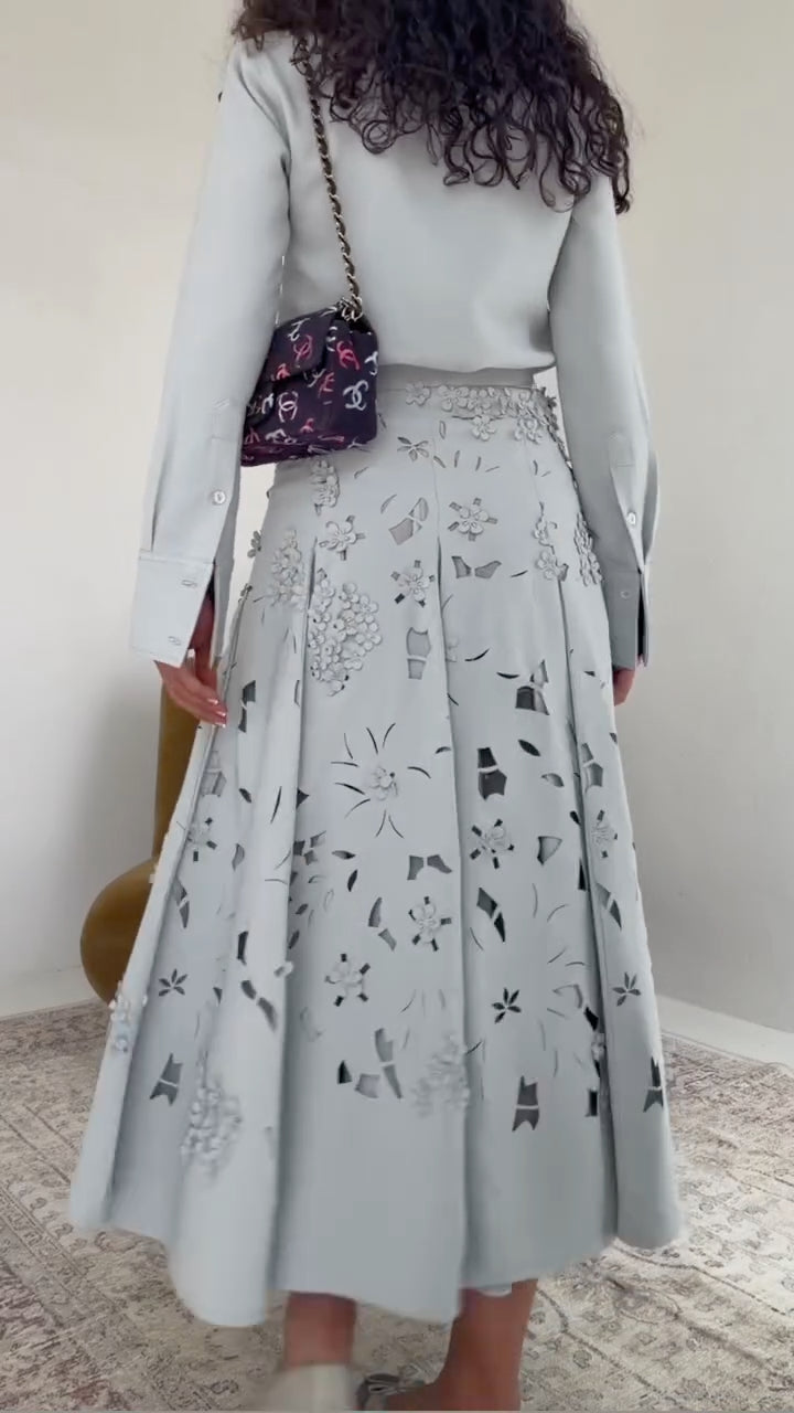 Powder-Blue Shirt & Floral A-Line Midi Skirt Set