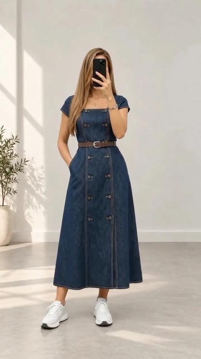 Square-Neck Double-Button Denim A-Line Dress
