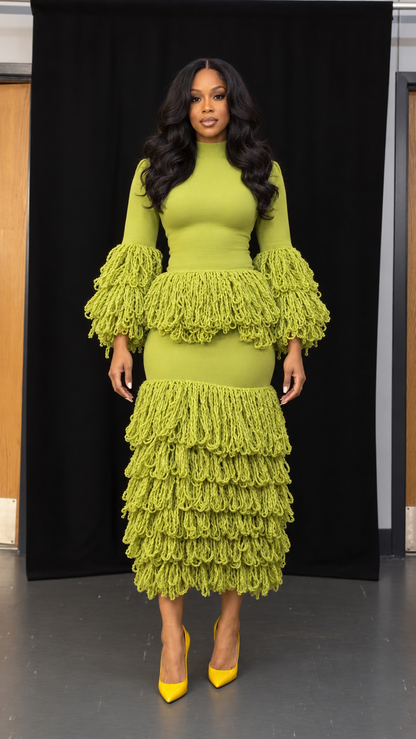 Lime Loop-Fringe Peplum Tiered Midi Dress