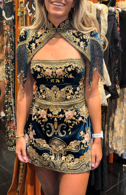 Deep Teal Gold-Floral Capelet Fringe Mini Dress
