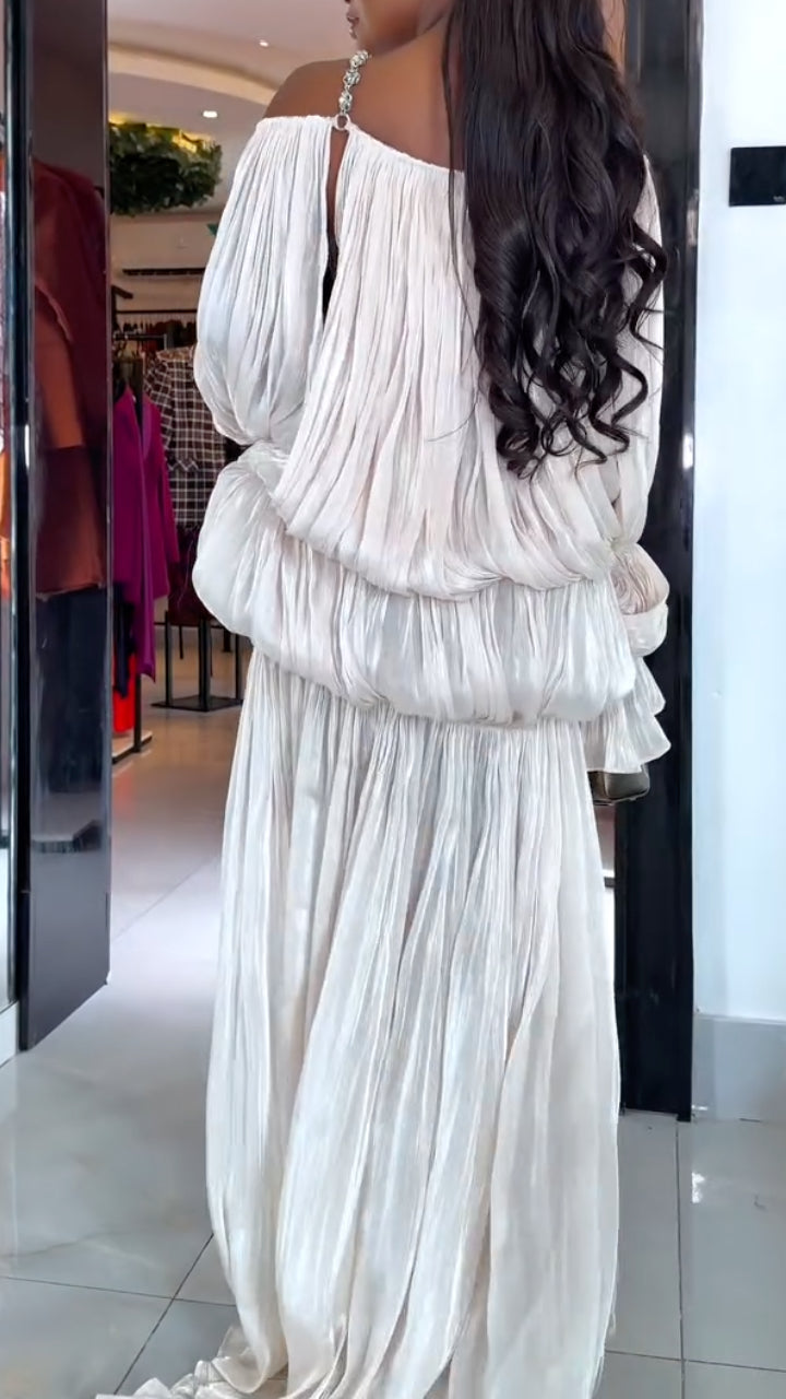 Ivory Off-Shoulder Ruched Slit Maxi Gown