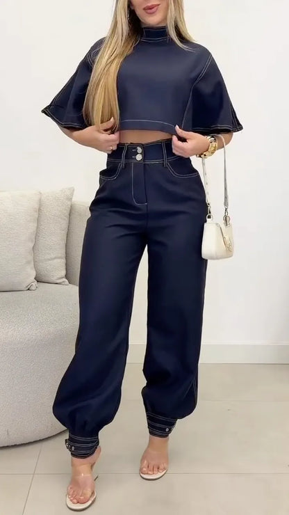 Camel High-Neck Cape Crop Top and Cuffed Balloon Pants Set