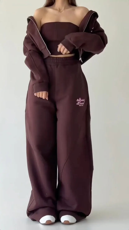 Beige Jacket Bandeau & Wide-Leg Pants Three-Piece Set