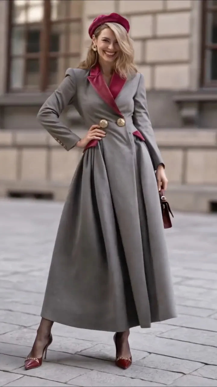 Gray Contrast-Lapel Fit-and-Flare Long Coat
