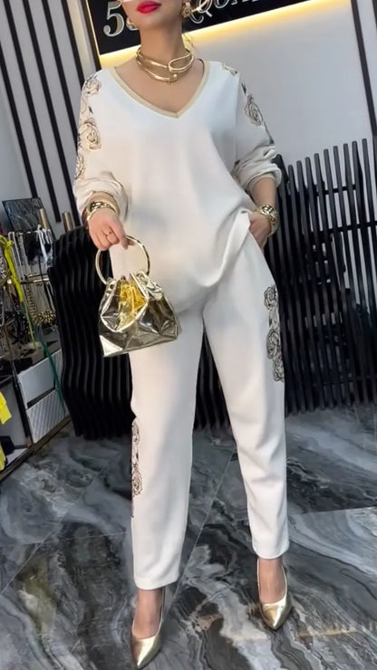 Ivory Gold-Floral V-Neck Top and Tapered Pants Set