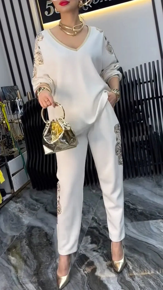 Ivory Gold-Floral V-Neck Top and Tapered Pants Set