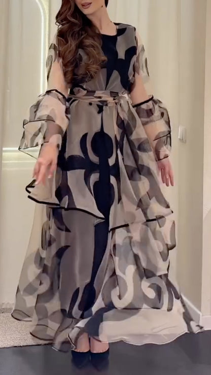 Taupe Abstract-Print Sheer Ruffle Maxi Dress