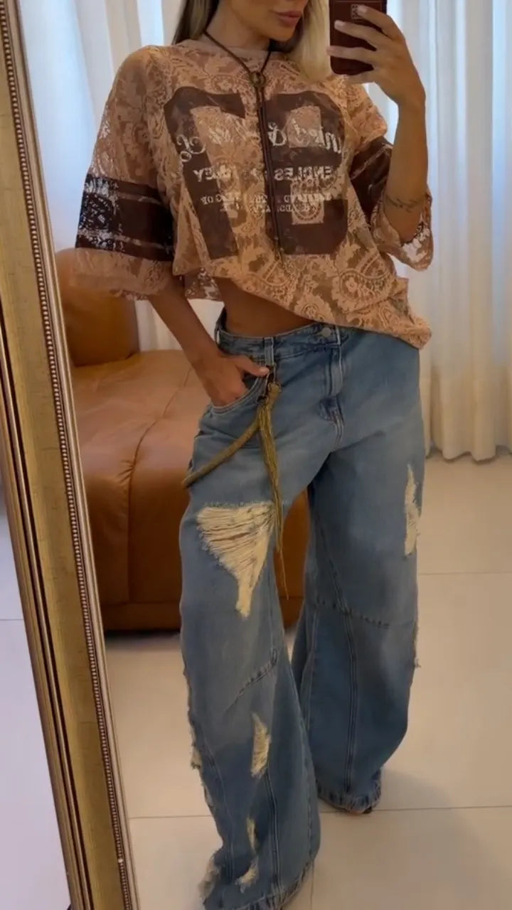 Lace Graphic Top & Distressed Wide-Leg Jeans Set