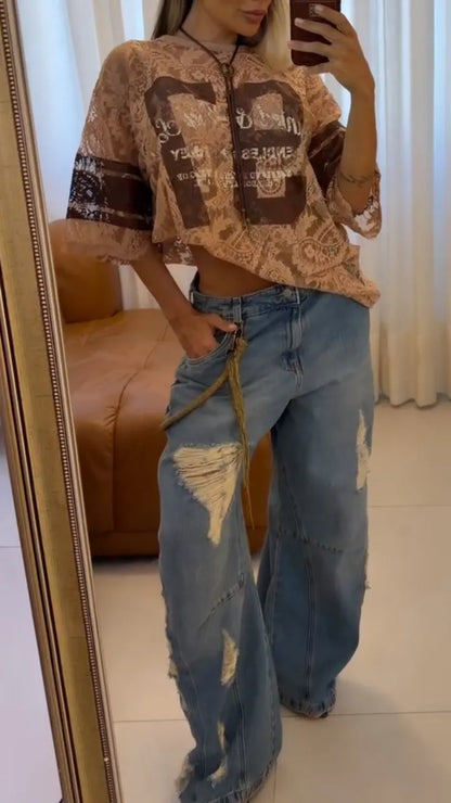 Lace Graphic Top & Distressed Wide-Leg Jeans Set