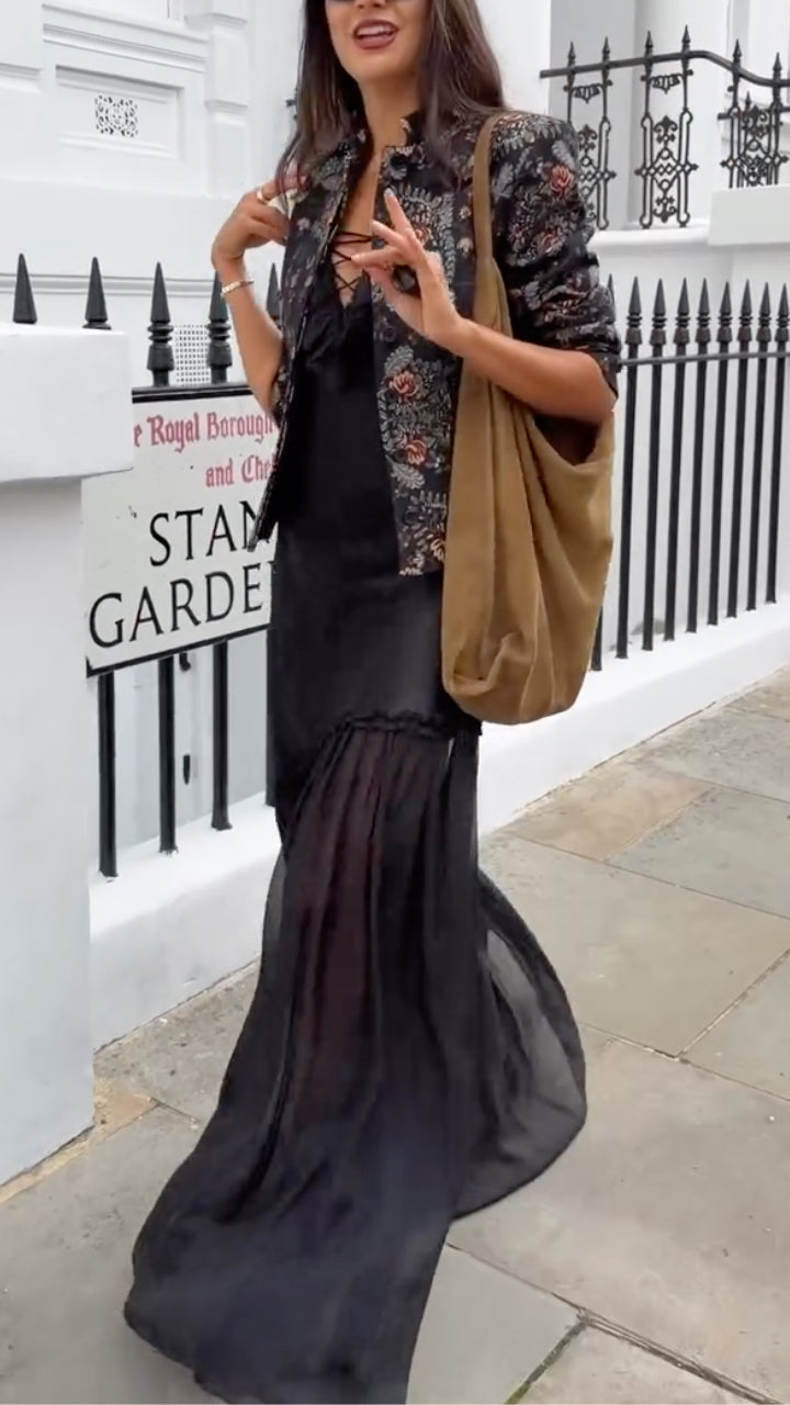 Floral Tapestry-Look Jacket & Black Tiered Maxi Dress Set