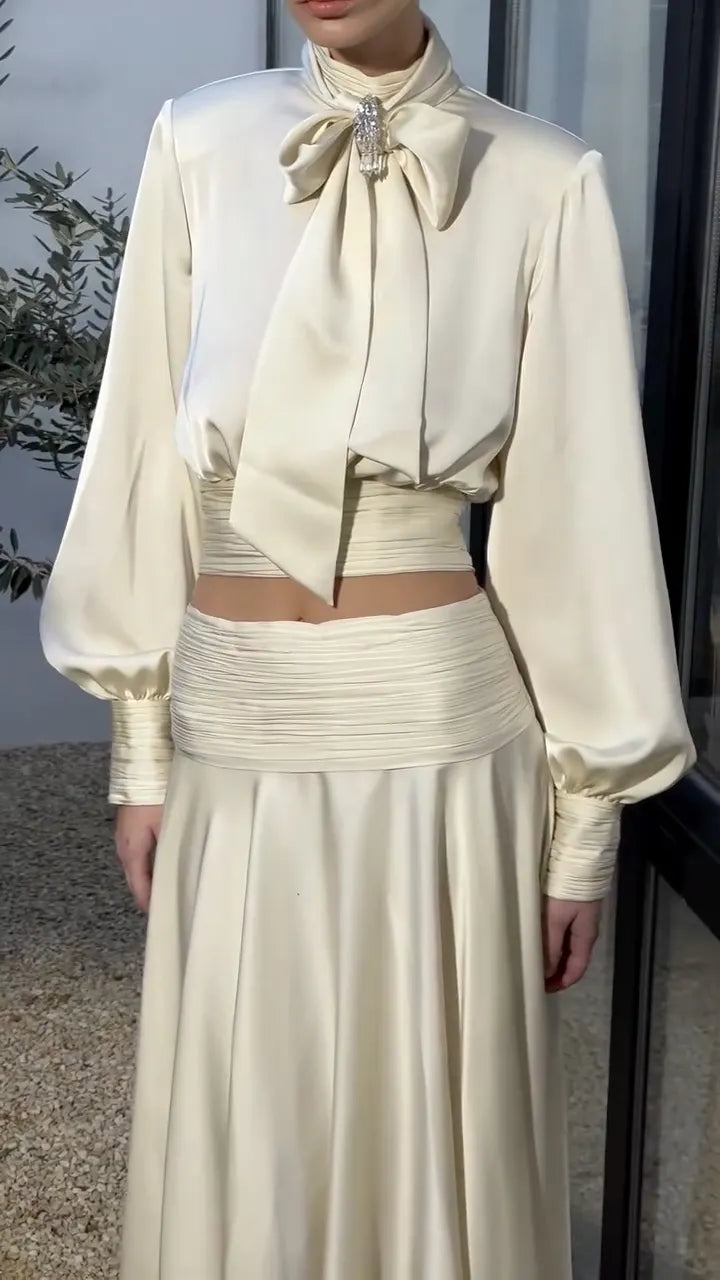 Satin Tie-Neck Blouse & Flowing Maxi Skirt Set