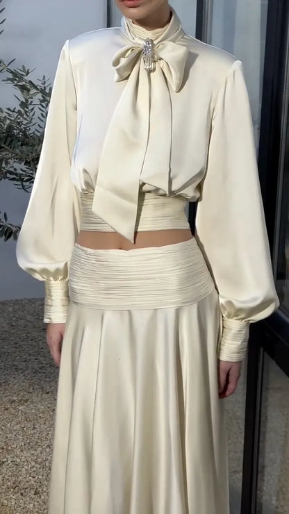 Satin Tie-Neck Blouse & Flowing Maxi Skirt Set