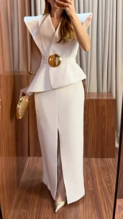 Ivory Sculpted-Shoulder Peplum Top & Slit Maxi Skirt Set