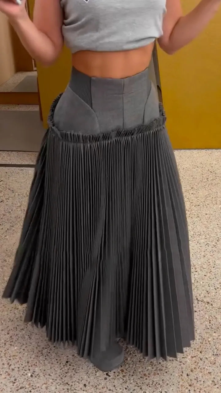 Gray Sculpted-Waist Pleated Midi Skirt