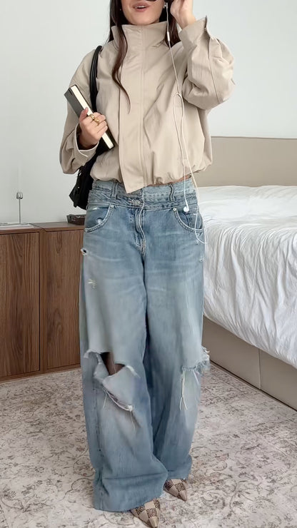 Light-Wash Distressed Wide-Leg Jeans