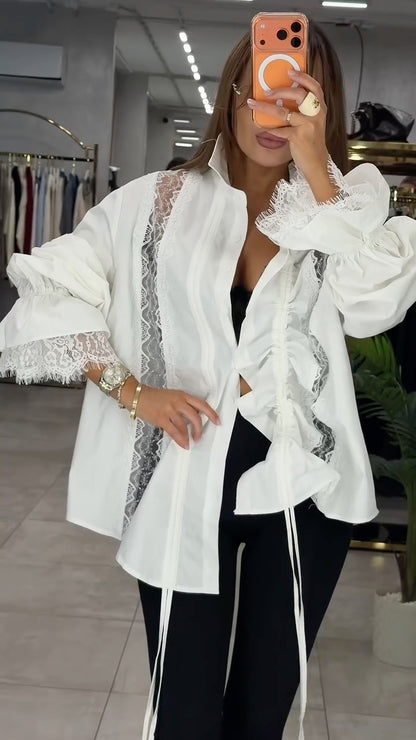 White Lace-Insert Ruched-Sleeve Oversized Shirt