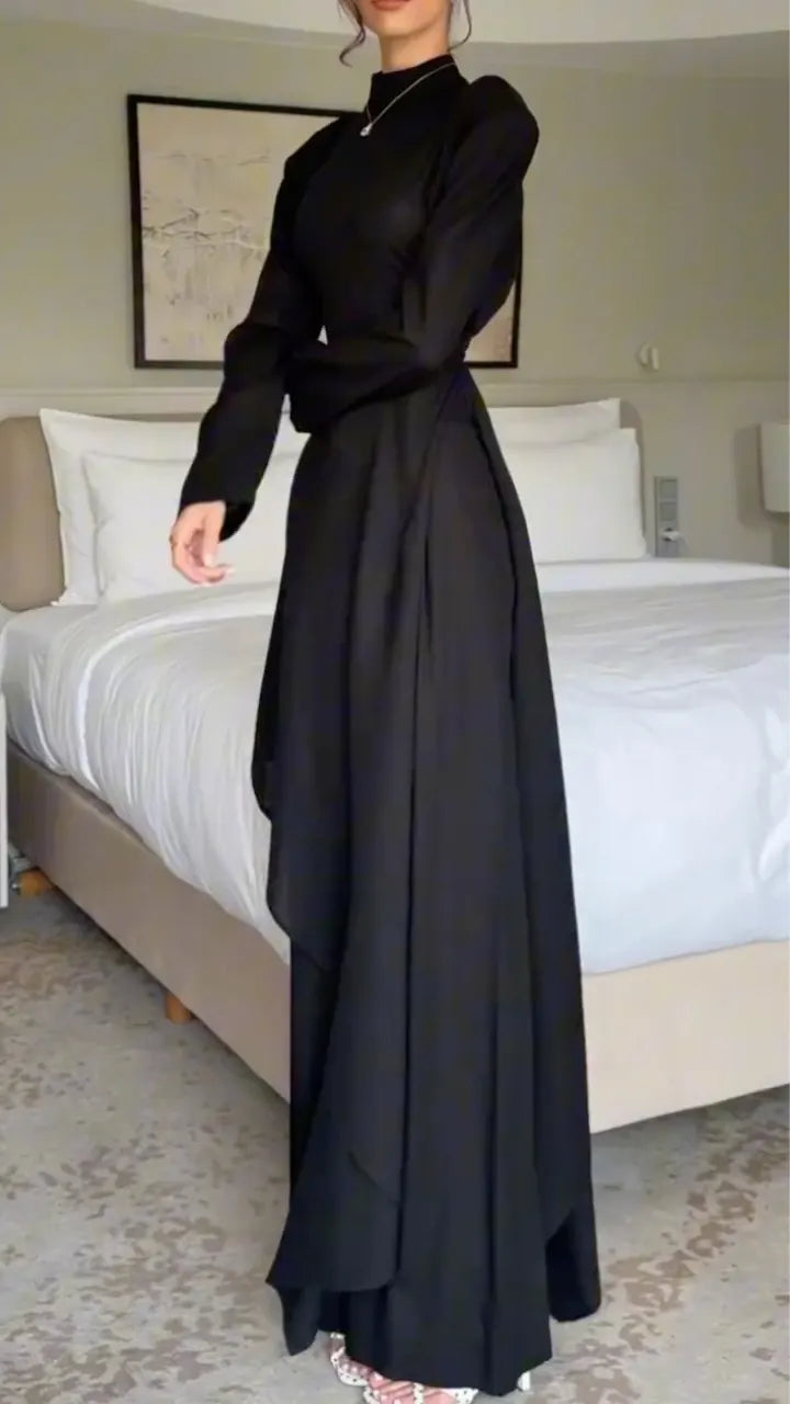 Black Mock-Neck Draped-Waist Maxi Dress