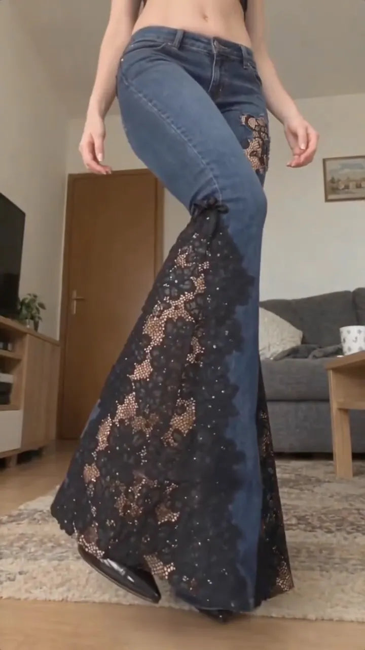 Blue Floral-Lace Insert Flared Jeans