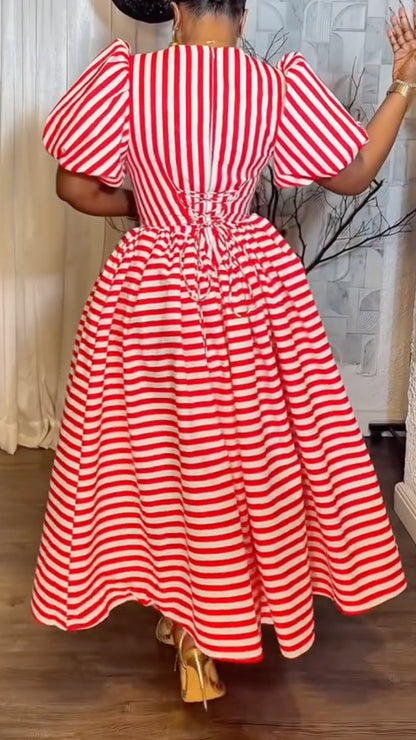 Red-and-White Stripe Puff-Sleeve A-Line Maxi Dress
